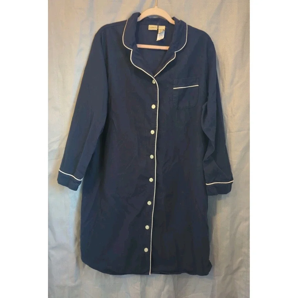 LL Bean Womens Classic Sleep Shirt XL Blue White Trim Pajamas Jersey Knit Lounge